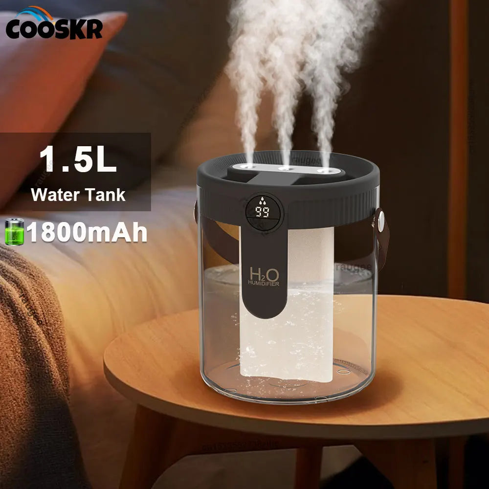 1.5L Air Humidifier Large Capacity Home Humidifier Silent Mist Maker 1800mAh Battery USB Rechargeable Humidifier with LED Light