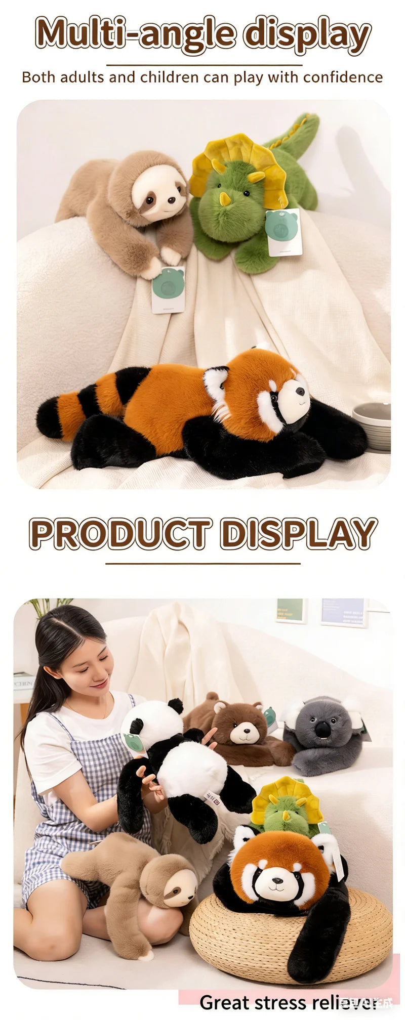 Kawaii Weighted Stuffed Animals Panda Bear Sloth Red Raccoon Dinosaur Koala Plush Pillow Kids Birthday Gift Home Room Decor