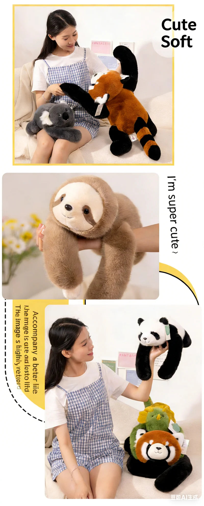 Kawaii Weighted Stuffed Animals Panda Bear Sloth Red Raccoon Dinosaur Koala Plush Pillow Kids Birthday Gift Home Room Decor