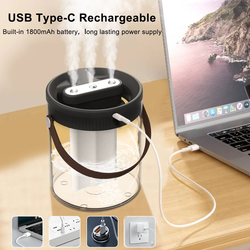 1.5L Air Humidifier Large Capacity Home Humidifier Silent Mist Maker 1800mAh Battery USB Rechargeable Humidifier with LED Light