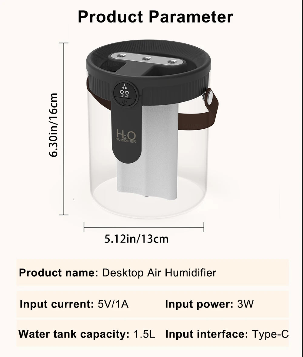 1.5L Air Humidifier Large Capacity Home Humidifier Silent Mist Maker 1800mAh Battery USB Rechargeable Humidifier with LED Light